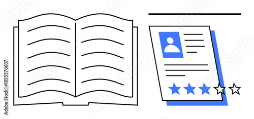 Open book with visible lines alongside a profile document featuring five stars for rating. Ideal for education, feedback, learning, customer experience, evaluation, literature, and performance