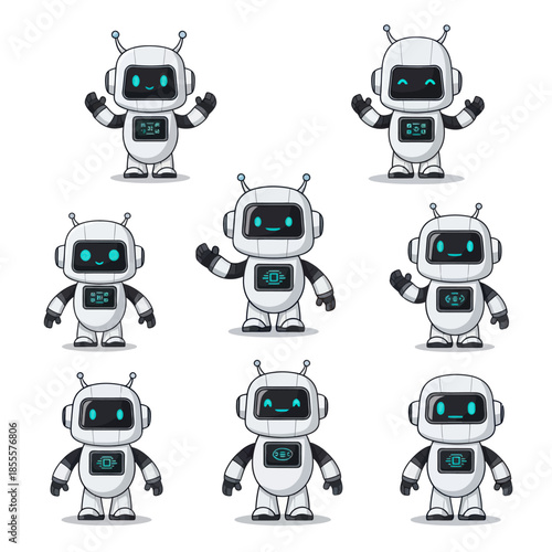 Collection of Adorable Cartoon Robots with Antennae and Screen Faces.