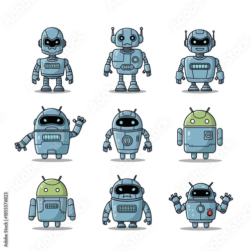 Collection of Adorable Cartoon Robots with Various Designs and Features.