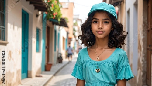 Portrait of a charming young girl with a turquoise outfit in a vibrant street