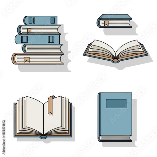 Collection of Books in Various Styles and Poses for Reading.