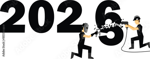 2026 Construction Workers Vector Illustration Future Year Design. New Year