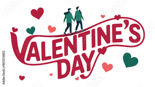 Valentine's Day Greeting Card: An adorable Valentine's Day greeting card, where two lovers are holding hands walking on valentine's day letter.