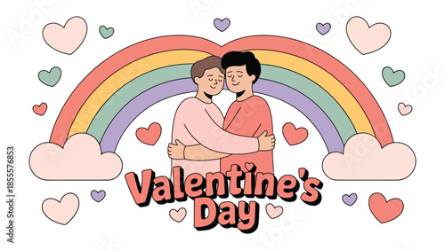 Love's Rainbow: Two figures embrace beneath a rainbow, a heartfelt Valentine's Day greeting in soft colors.