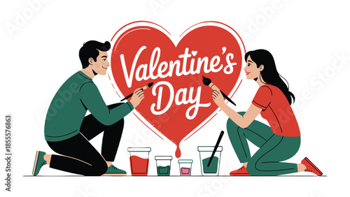 Love's Creative Canvas: A couple paints a Valentine's Day heart together, symbolizing love, creativity, and the joy of shared moments.