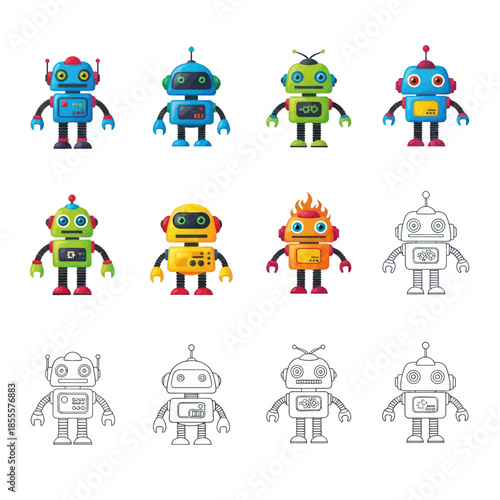 Collection of Colorful and Outline Robot Characters.