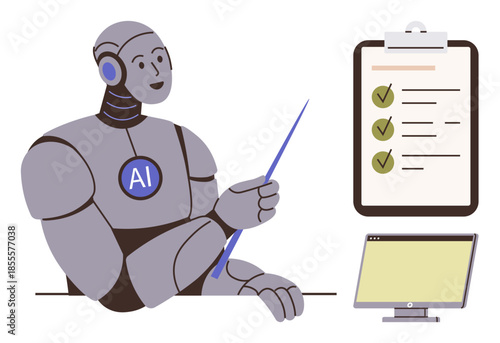 AI robot using pointer to explain items on a checklist with a computer screen nearby. Ideal for education, automation, data analysis, productivity, workplace training, task management, simple flat