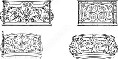 Parisian Balcony Railing Set Vintage Wrought Iron Architecture Etching Engraving Style Classic European Design
