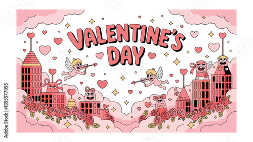 Valentine's Day Illustration: A charming, whimsical illustration celebrating Valentine's Day, filled with hearts, cherubs, and romantic cityscapes. It evokes feelings of love and affection.