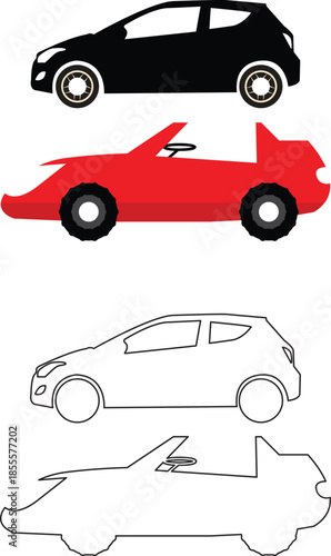 Red racing car vector illustration showing a fast sports automobile with wheels on the road
