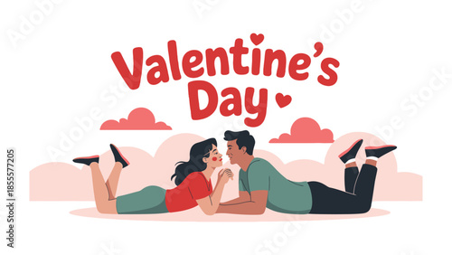 Valentine's Day Couple in Love: A couple, immersed in the spirit of Valentine's Day, gaze into each other's eyes while lying together in an intimate moment of love and connection. 