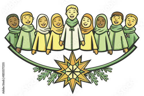 Diverse group of happy children in green and yellow robes standing in a circle with a large star and leaves on white