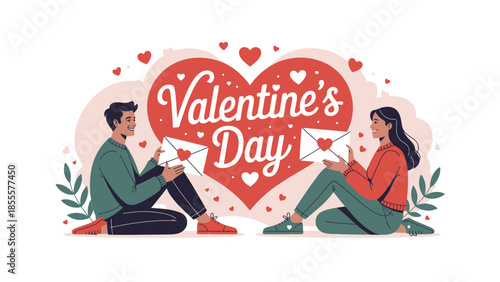 Love's Exchange: A tender depiction of a couple, seated before a vibrant heart, exchanging love letters on Valentine's Day. An illustration of romance and affection.