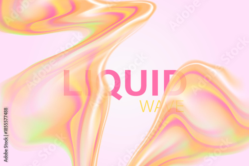 Abstract light pink, green, orange color holographic liquid water wave form, flowing organic fluid splash texture background with copy space. Elegant smooth glass shape design element decoration.