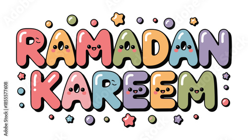 Ramadan Kareem: A festive and colorful illustration celebrating the blessed month of Ramadan, with playful lettering and charming cartoon elements.