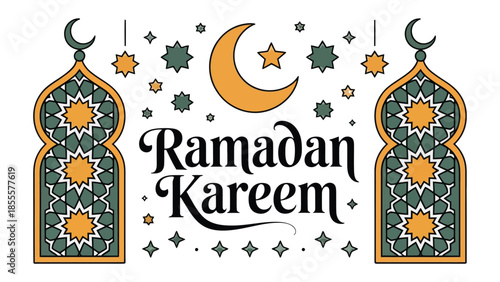 Ramadan Kareem Illustration: Festive and elegant Ramadan Kareem illustration. Featuring intricate geometric designs, stars, and crescent moons.