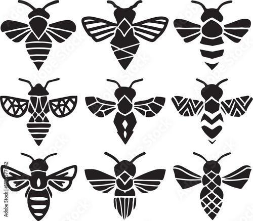 Nine black stylized bee and wasp insect shapes