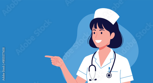 A friendly female nurse in a white uniform, stethoscope, and cap smiles while pointing left, indicating a space for text or information.