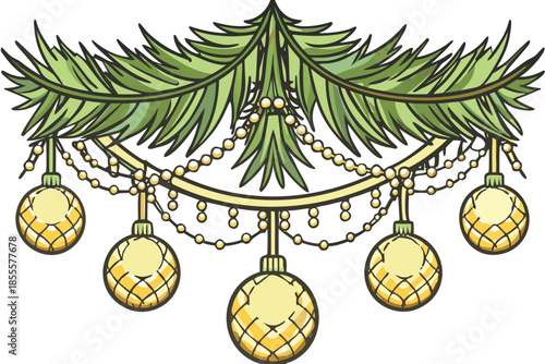 Golden christmas ornaments hanging from a decorated fir tree branch with beads