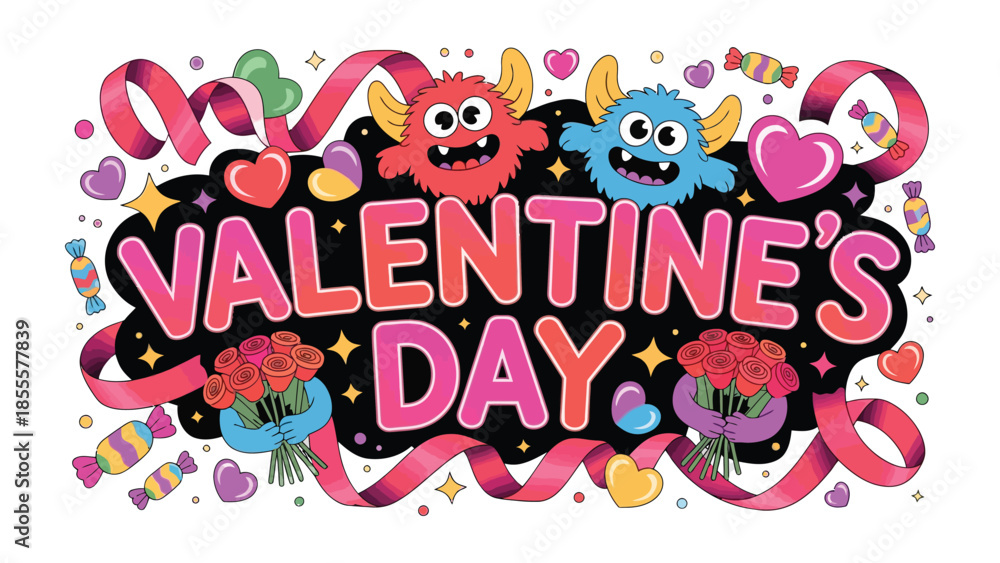 Obraz premium Valentine's Day Delight: A vibrant illustration showcasing cheerful monster characters, hearts, and candies. conveying love and happiness. 