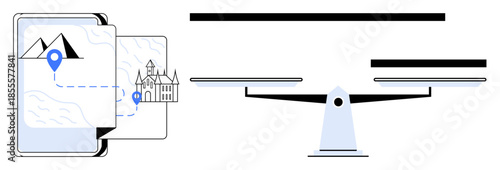 Navigation, travel planning, justice, decision-making, balance, digital solutions. Smartphone with a map and pinpoint, alongside a legal scale icon. Navigation and justice balance concept