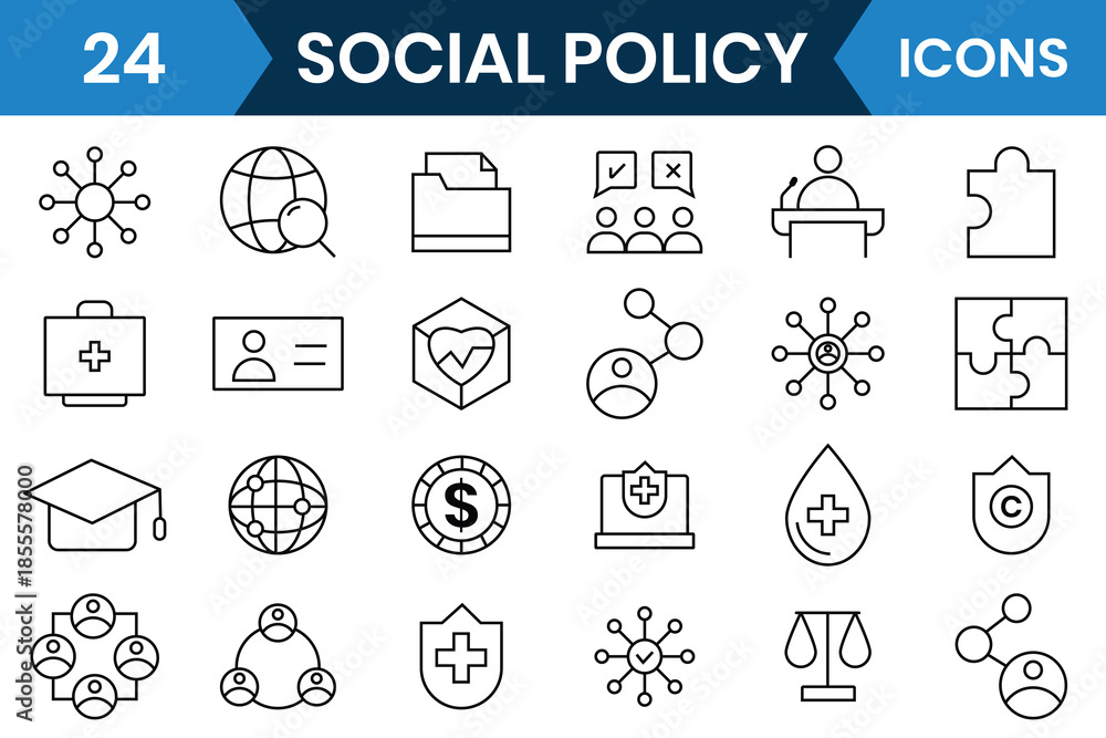 Fototapeta premium Social policy line icons. Set of 24 outline icons related to Social Policy and Insurance line icons. Containing education, services, welfare, health care, reform, legislation, society icons and more.