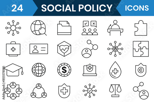 Social policy line icons. Set of 24 outline icons related to  Social Policy and Insurance line icons. Containing education, services, welfare, health care, reform, legislation, society icons and more.