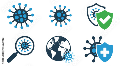 Virus protection and health safety icons designed as blue vector icon symbols for websites, including line and glyph solid icon styles for healthcare