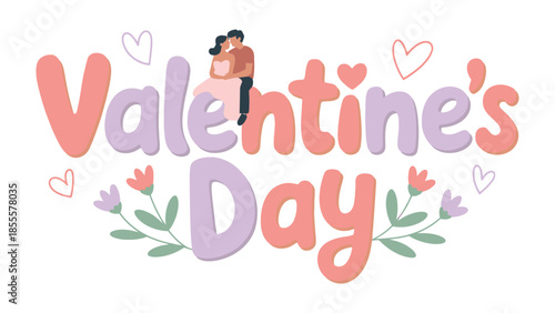 Valentine's Day Illustration: A charming illustration captures the essence of Valentine's Day, featuring affectionate embrace within decorative elements of love and romance.