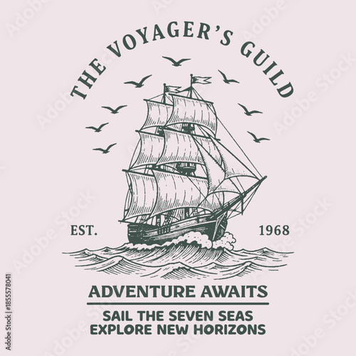 Nautical design. sketch sail graphic design. Can be used as t shirt printing design.  sailing world Ocean Slogan design for t-shirt print, for graphic t-shirt or sweatshirt hoodie, poster, sticker, 