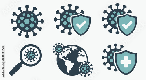 Virus protection and health safety icons, vector icon symbols for websites, featuring blue line and glyph solid icons and logo designs