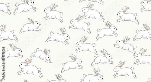 A delightful seamless pattern featuring numerous white bunnies hopping playfully across a soft, neutral background, perfect for textiles or digital designs.