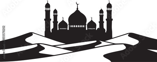 Silhouette of a mosque with domes and minarets in a desert landscape