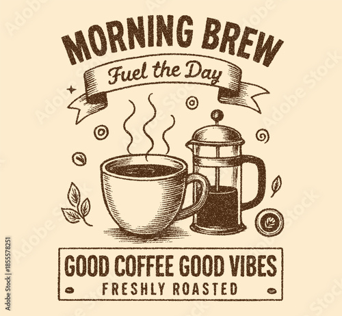 Morning Brew. Fuel the day. good coffee good vibes. coffee cup drawing for graphic tee t shirt or poster sticker - Vector. Coffee Mood vintage t shirt design. Retro groovy with coffee mascot.