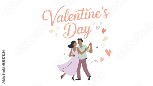Valentine's Day Couple Dance: A romantic depiction of Valentine's Day features a couple gracefully dancing together, their movements filled with tenderness and joy amid heart-shaped symbols of love.