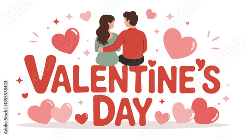 Romantic Valentine's Day: A couple surrounded by heart symbols, conveying love and affection, with the words Valentine's Day written in a stylized font.