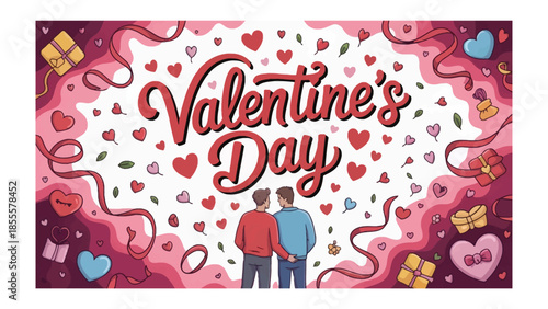 Love's Embrace on Valentine's Day: A tender scene depicts two individuals, standing close, set against a vibrant backdrop of hearts and gifts, evoking feelings of love and connection. 