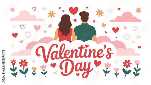 Romantic Valentine's Day: A loving couple basks in the warmth of affection, their silhouettes embraced against a backdrop of hearts, flowers, and the sweet sentiments of Valentine's Day.