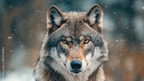 A majestic wolf standing amidst falling snow. The intensity in its gaze captures the wild spirit. A perfect representation of nature and wildlife. Generative AI