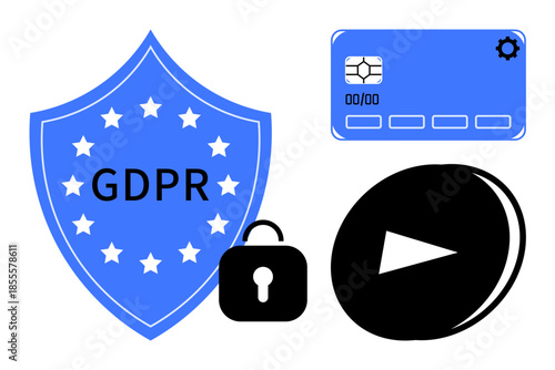 Data privacy, cybersecurity, compliance, digital rights, information security, online media. Blue GDPR shield, lock credit card play button. Data privacy and cybersecurity concept