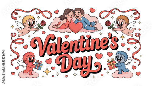 Valentine's Day: A whimsical illustration featuring cupids, couples, and hearts to celebrate romantic love and affection.