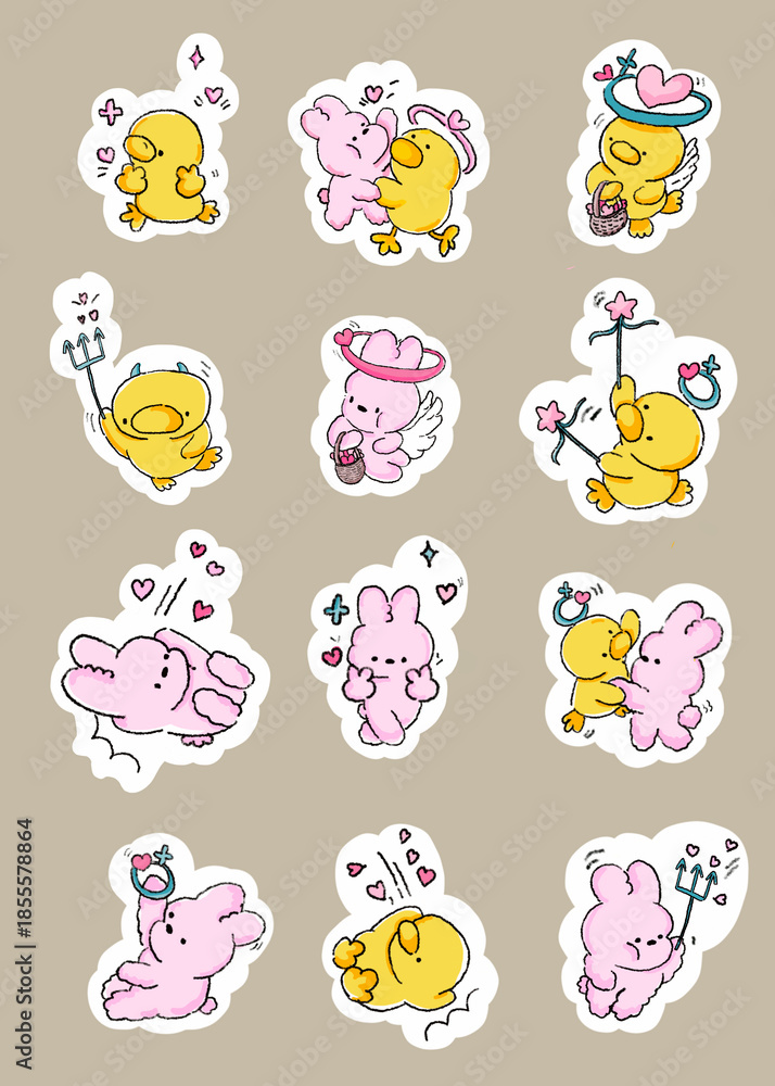 Obraz premium set of funny cartoon animals, element cute cartoon animals , set stickers of bunny and duck, set of cute valentines 