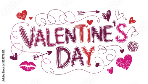 Valentine's Day Sketch: A festive illustration of Valentine's Day is adorned with hearts, arrows, and other elements, designed to capture the essence of romance and affection.