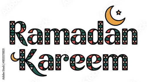 Ramadan Kareem Illustration: Festive and colorful Ramadan Kareem decorative illustration, showcasing a vibrant crescent moon and star, symbolizing the spirit of the holy month. 