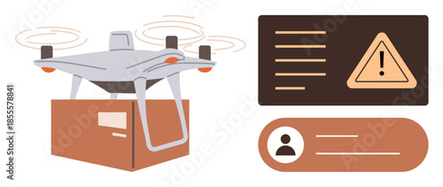 Delivery quadcopter flying with a package, safety alert icon, and user profile interface. Ideal for technology, logistics, safety, parcel tracking, e-commerce communication efficiency. Simple flat