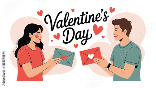 Valentine's Day: A tender scene of connection unfolds as a couple exchanges heartfelt letters, each filled with affection and adoration amidst a backdrop of hearts.