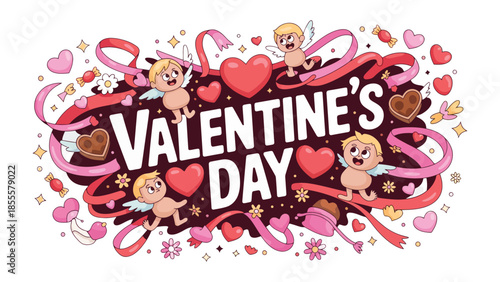 Valentine's Day Illustration: a vibrant illustration that encapsulates the spirit of Valentine's Day. Featuring Cupids, hearts, ribbons, and sweet treats, set against a warm and inviting background.