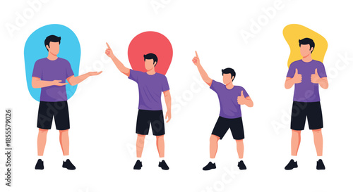 Four male cartoon characters in casual attire illustrating a range of gestures and expressions with abstract color backdrops.