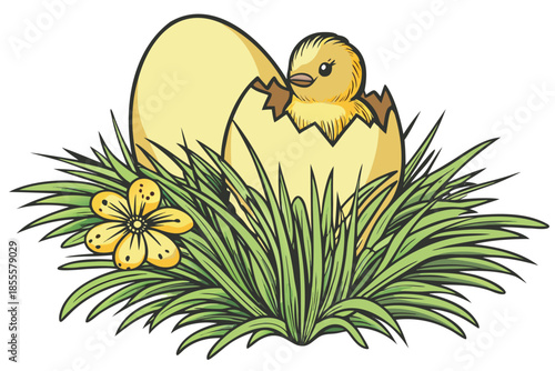 A cute yellow chick emerging from an eggshell in green grass with a yellow flower