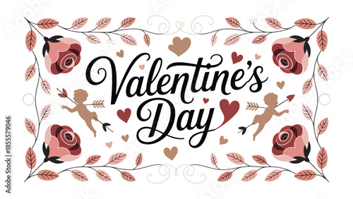 Valentine's Day design with love symbol: A beautiful Valentine's Day design, featuring hearts, roses, and cherubs, with a floral frame, set against a backdrop, exuding romance, love, and passion.